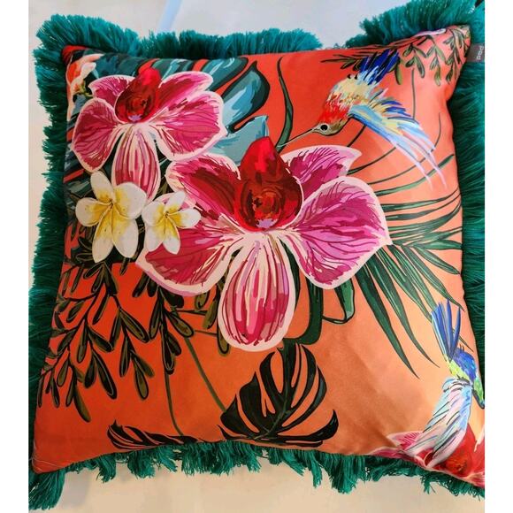 Teal Orange Pink Decorative Throw Pillow 18X18 Tropical Floral Hummingbird - Picture 7 of 7